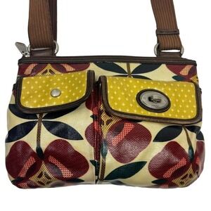 FOSSIL Key Per Coated Canvas Floral Crossbody Bag Red Yellow Turnlock